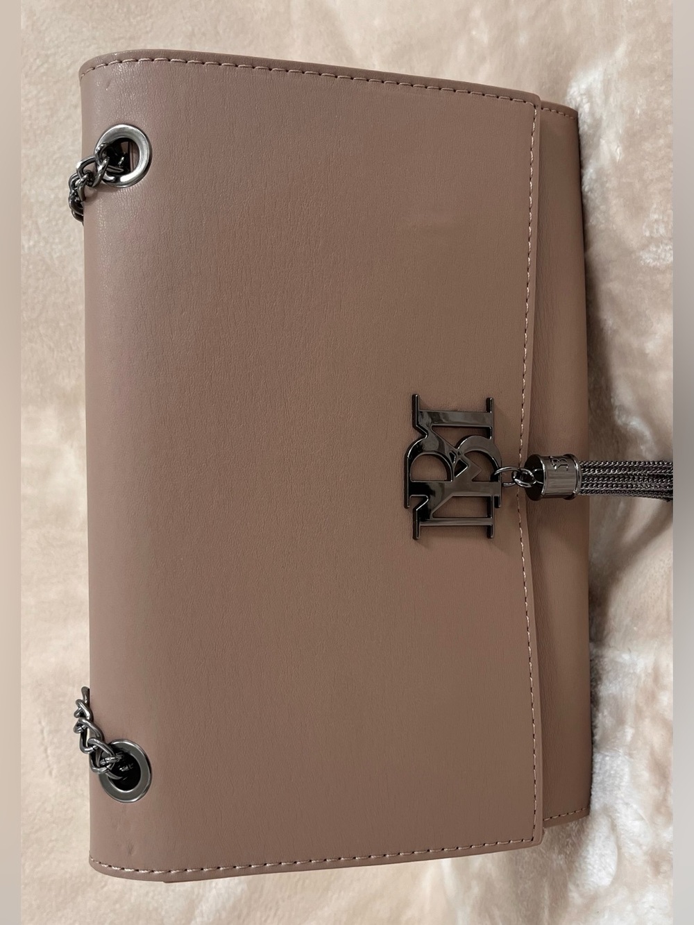 Badgley Mischka Taupe Vegan Leather Crossbody Bag with Tassel